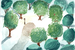 A simple watercolor painting of a lamppost in a forest.